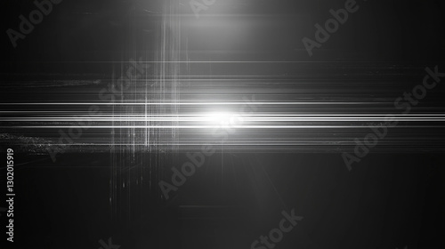 Abstract black background with dynamic white lines and glowing light rays. Digital futuristic illustration with glitch effect, noise texture, and minimalist monochrome design. High-contrast black and 