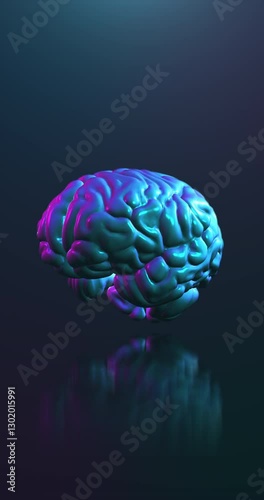 Rotating brain in neon lighting.  Concept of Artificial Intelligence, digital technology. Repeatable footage by 3d rendering.Vertical video.