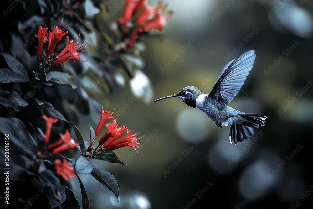 Fototapeta premium Hummingbird in flight near red flowers. (1)