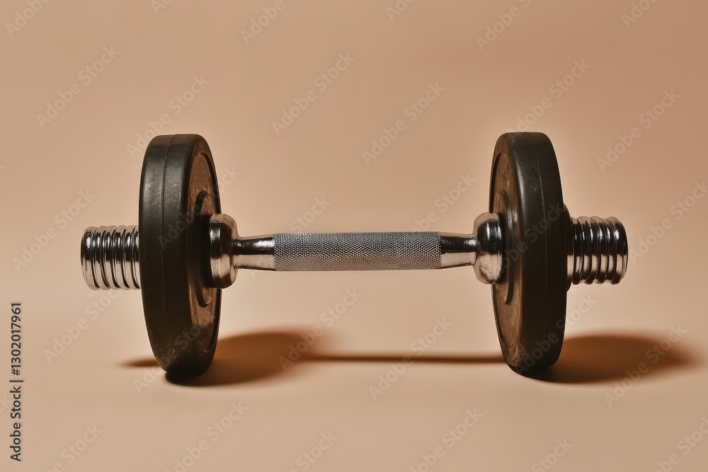 Fototapeta premium A Dumbbell Resting On A Neutral Colored Solid Background