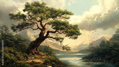 Majestic Lakeside Tree: A Serene Mountain Vista