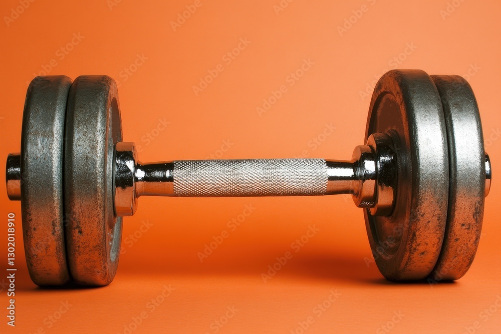 Fototapeta premium A single barbell resting against a bright orange background