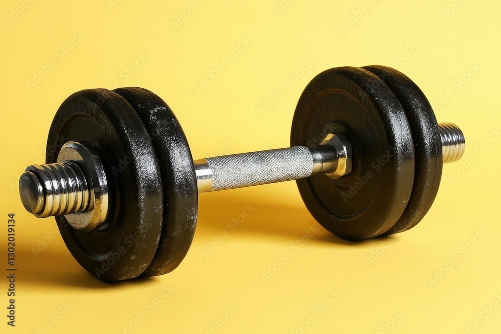 Fototapeta premium A black and silver dumbbell rests on a yellow surface