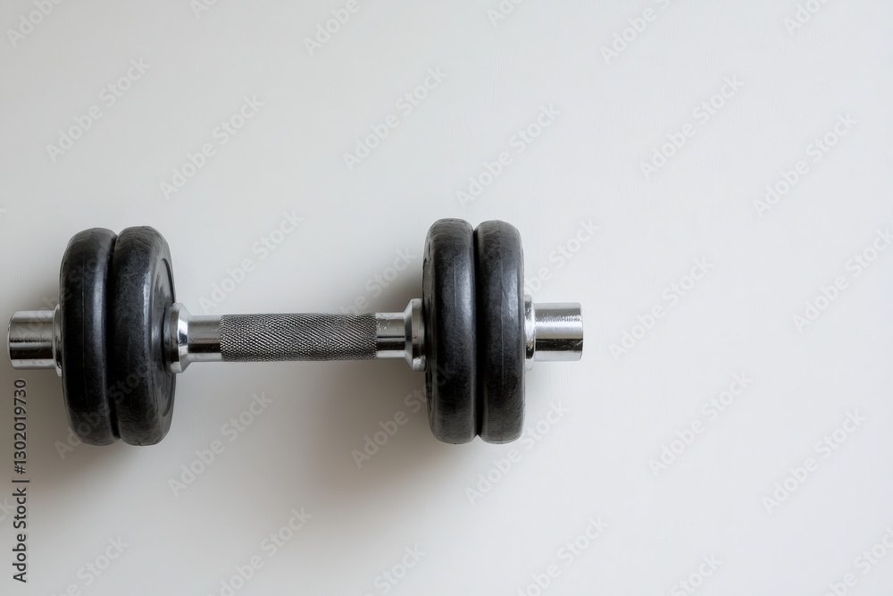 A metallic dumbbell lying horizontally on a white surface A metallic dumbbell lying horizontally on a white surface
