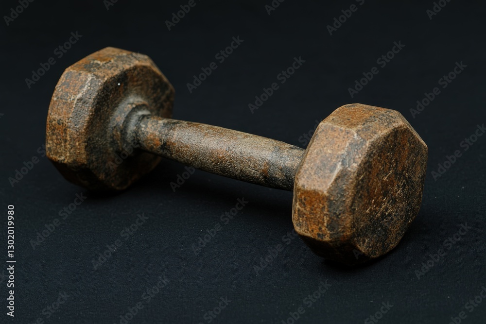 An old and rusty dumbbell sits against a dark background An old and rusty dumbbell sits against a dark background