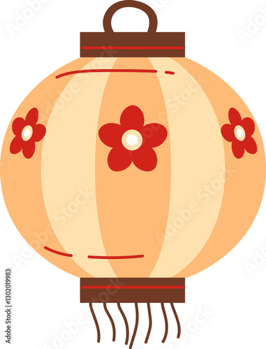 A traditional paper lantern with red flower designs and tassels