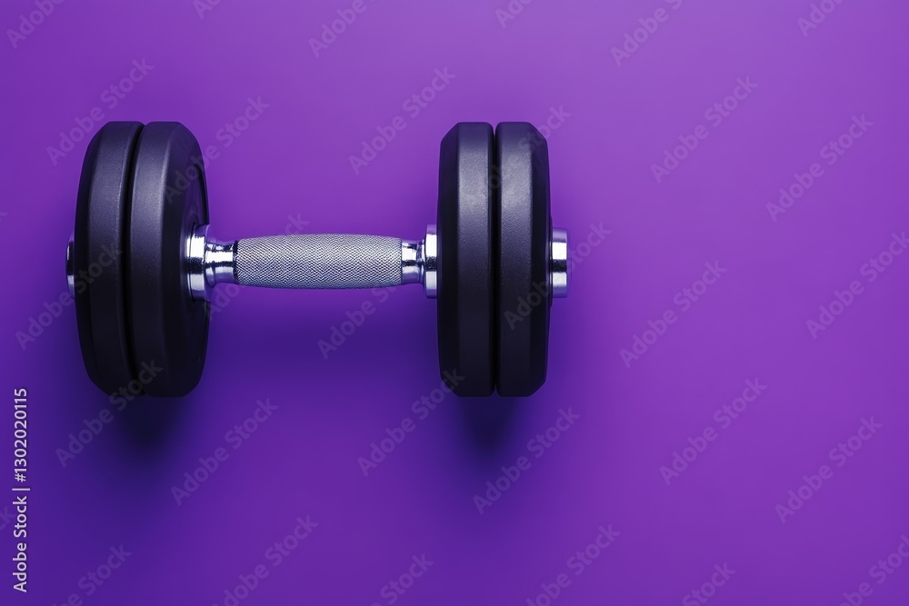 A single dumbbell resting on a plain vivid purple surface A single dumbbell resting on a plain vivid purple surface