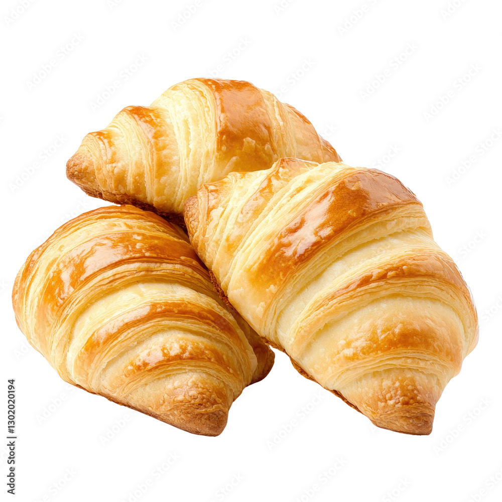 Three flaky croissants arranged elegantly on a plate showcasing their golden layers and buttery texture isolated on transparent background.. Three flaky croissants arranged elegantly on a plate showcasing their golden layers and buttery texture isolated on transparent background..