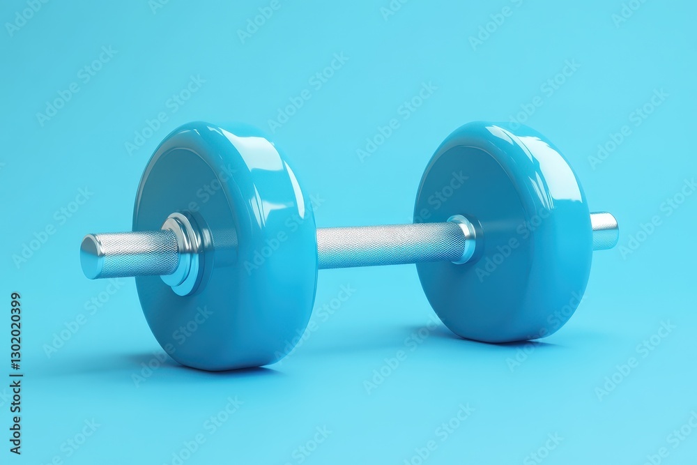 Obraz premium A blue dumbbell sits on a solid light blue background surface