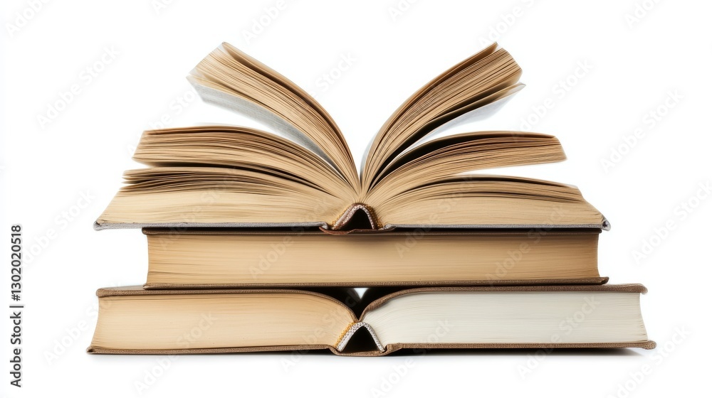 A stack of open books isolated on white background.