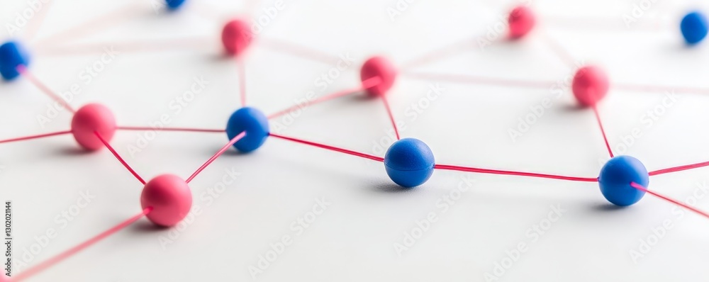Obraz premium Colorful Connections of Red Strings and Blue and Pink Spheres on a White Background