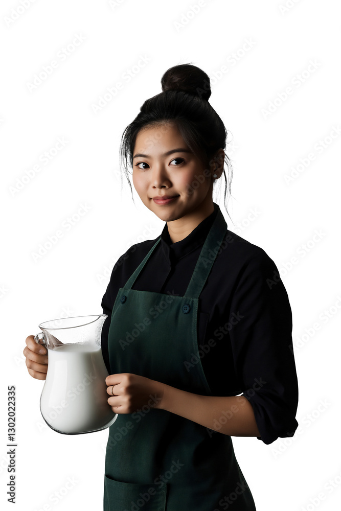 Asian Barista Woman In Apron Holding Glass Pitcher of Fresh Milk On Transparent Background Asian Barista Woman In Apron Holding Glass Pitcher of Fresh Milk On Transparent Background