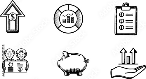 Financial growth and investment icons in a monochrome style.