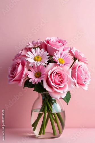 Vibrant pink roses and daisies bouquet on soft pastel background, roses, beautiful
