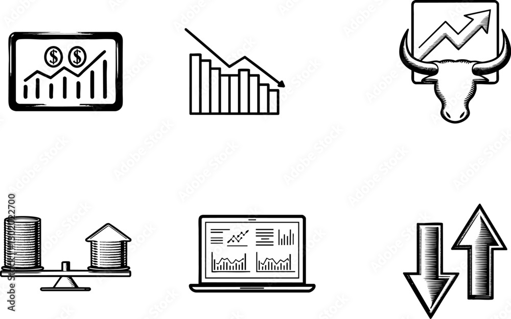 Financial growth and market analysis icons in black and white.