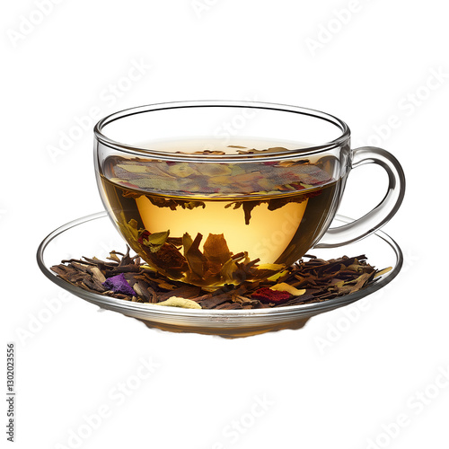 Brewing Herbal Tea in Glass Cup with Flower Petals Still Life, isolated on transparent or white background