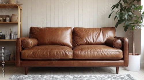 An inviting brown leather sofa with a gracefully curved backrest, set against a subtle backdrop. Its armrests elegantly angle to the right, drawing the eye in from the left photo
