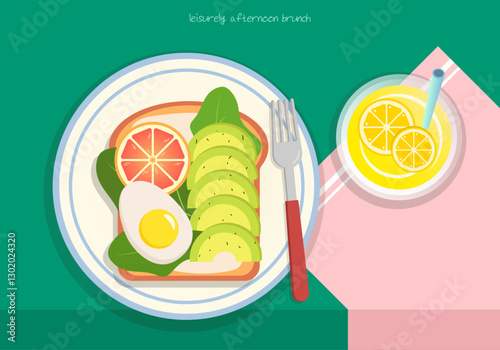 Food illustration. Sandwich with grapefruit, avocado and egg on bread and cool lemonade. Vector illustration.