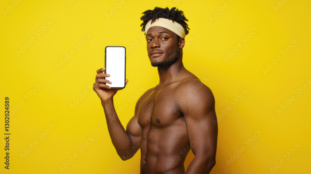 Fototapeta premium A black muscular athlete on a yellow background holds a cell phone with a white blank screen in his hand. A phone mockup for the presentation of a sports mobile application