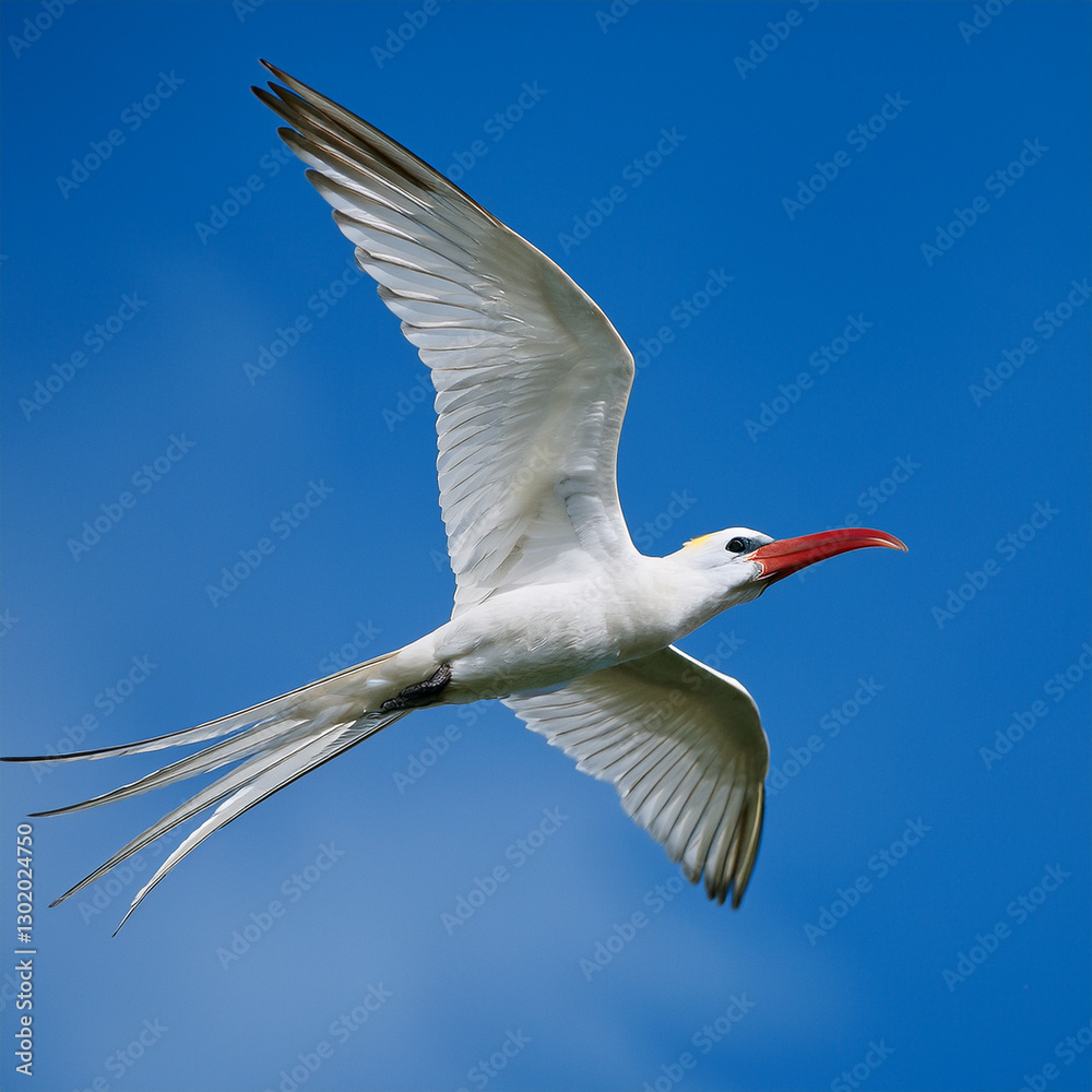 Obraz premium A red-billed tropicbird flying gracefully with its long tail streamers trailing behind; the bird's white plumage and bright red bill create a striking contrast against the blue sky