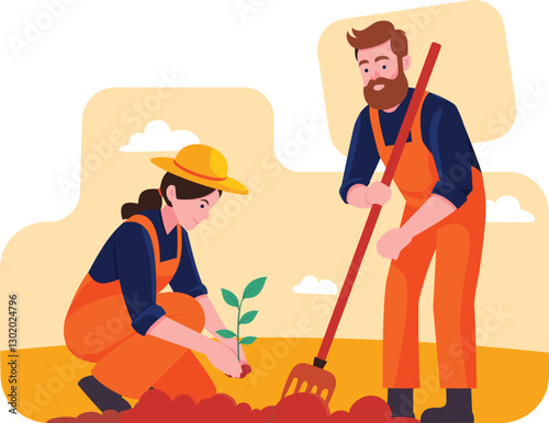 Flat Vector Illustration of Farmers Planting and Digging on a Farm
