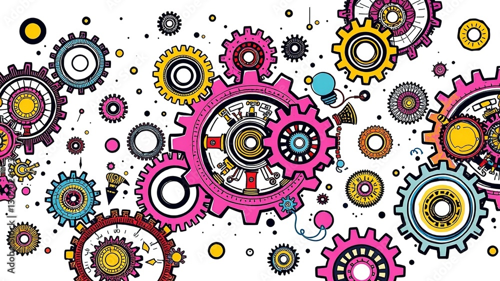 Fototapeta premium Intricate Gears and Patterns: Steampunk Doodle Art in Vibrant Hues