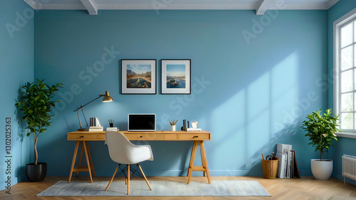 Modern office interior with simple blue wall and minimal furnishings. Warm afternoon sunlight coming through windows. A 3D rendered design concept