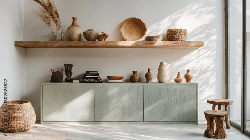 Fototapeta premium A close-up of a light gray, rectangular wooden sideboard with gently arched doors, showcasing its delicate craftsmanship and elegant design