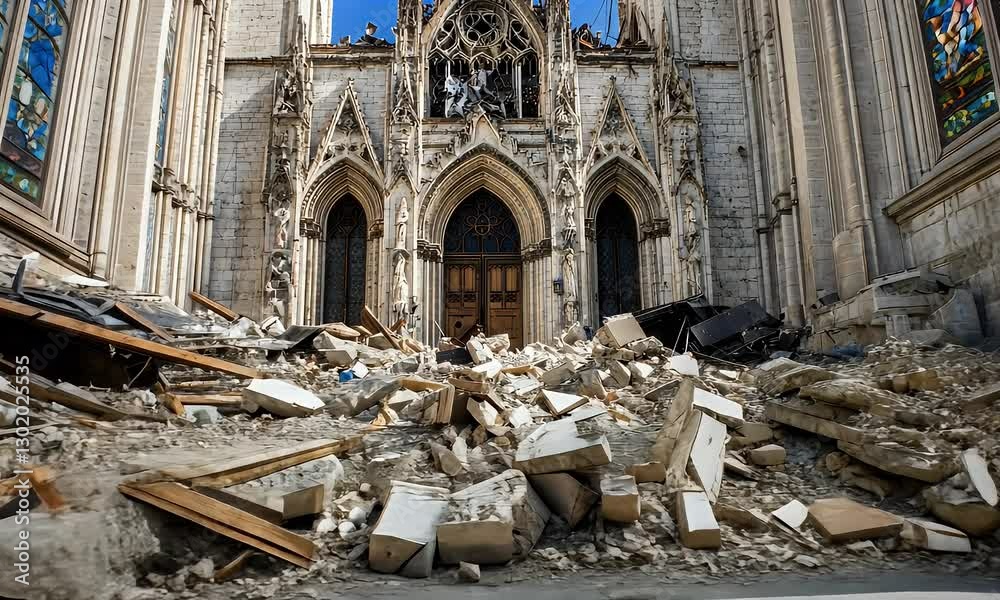 Ruins of a historic church with debris scattered at the entrance under a clear blue sky