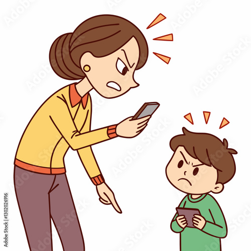 Cartoon illustration of an angry mother scolding her child for phone usage