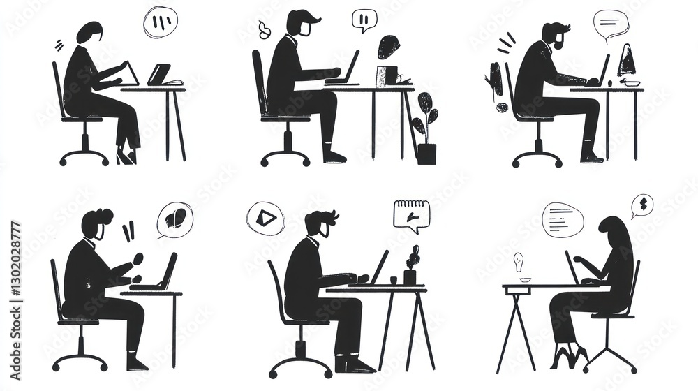 Fototapeta premium Remote Workers at Desks - Various Poses