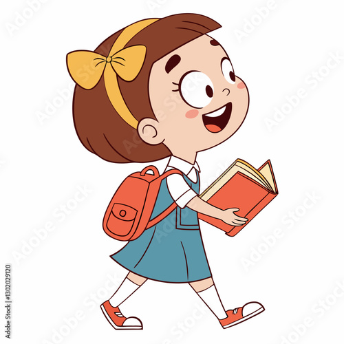 Happy schoolgirl walking with a book and a backpack illustration