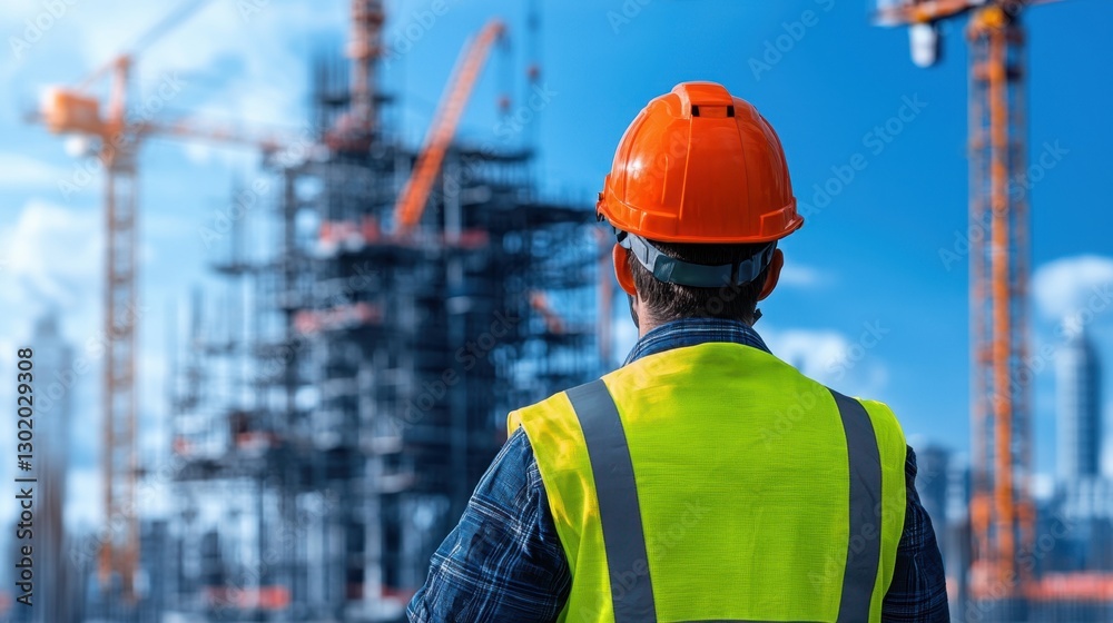 Construction Worker in Hard Hat Observing Ongoing Building Project with Cranes and Scaffolding in Urban Environment Construction Worker in Hard Hat Observing Ongoing Building Project with Cranes and Scaffolding in Urban Environment