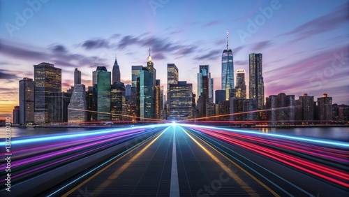 A modern city skyline at dusk with data streams in bright colors weaving between skyscrapers, conveying a connected urban network.