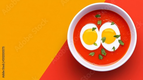 Red Tomato Soup with Soft Boiled Eggs and Herbs