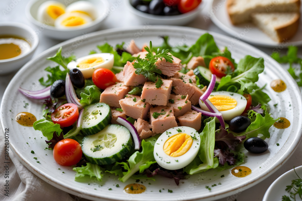 Tuna salad on table in the restaurant. Tuna salad on table in the restaurant.
