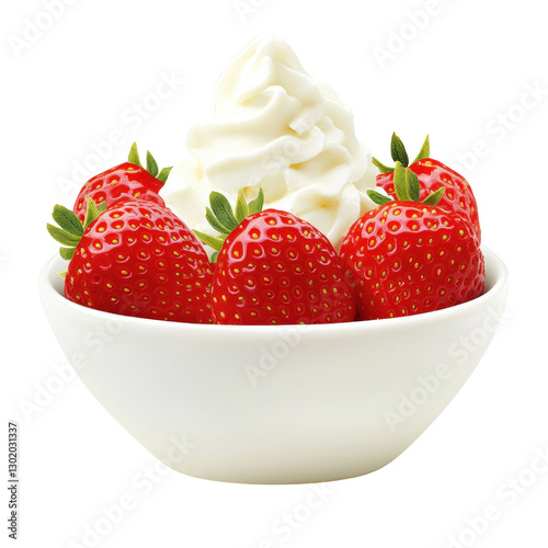 Bowl of fresh juicy strawberries topped with whipped cream creating a tempting and delicious dessert presentation isolated on transparent background..