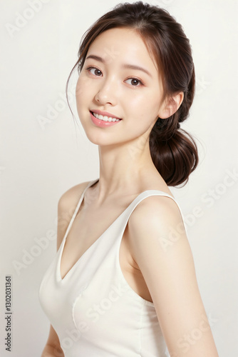 A woman with a white tank top and ponytail is smiling