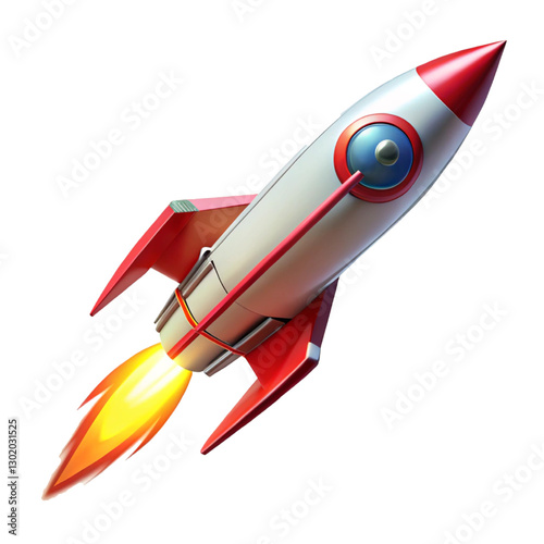 Red and Silver Rocket Flying with Flames from Exhaust