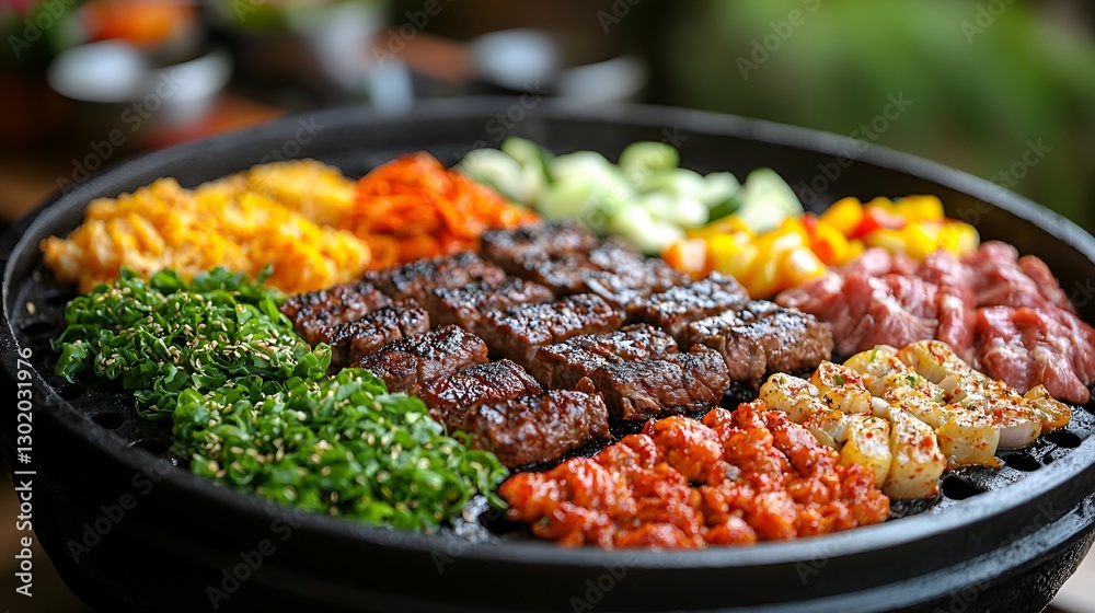 Obraz premium Assorted grilled meats and vegetables on a round grill