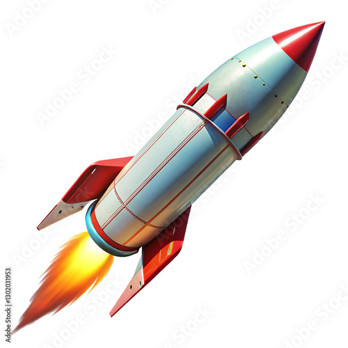 Silver Missile Rocket with Red Fins Flying with Full Speed
