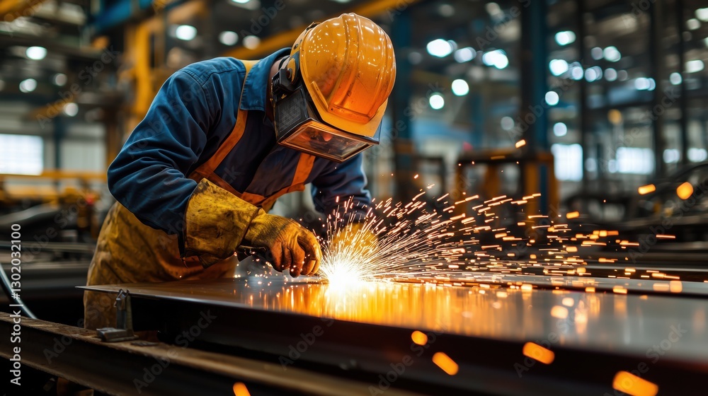 Skilled Worker Welding Metal with Sparks Flying in Industrial Workshop Environment Showcasing Professional Craftsmanship and Safety Equipment Skilled Worker Welding Metal with Sparks Flying in Industrial Workshop Environment Showcasing Professional Craftsmanship and Safety Equipment