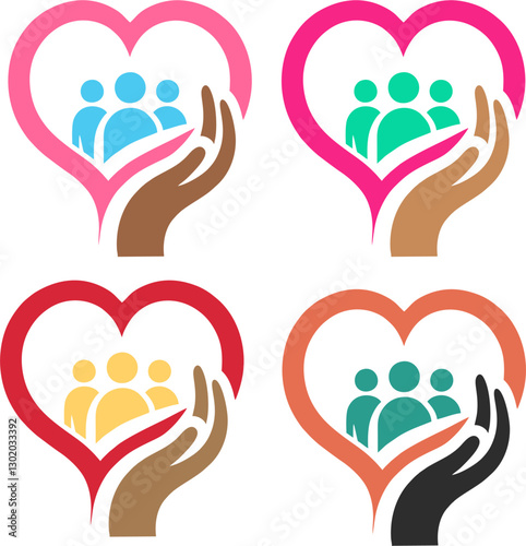  A vector illustration featuring four variations of a protective hand holding a family inside a heart. Representing love, unity, security, and support, ideal for family