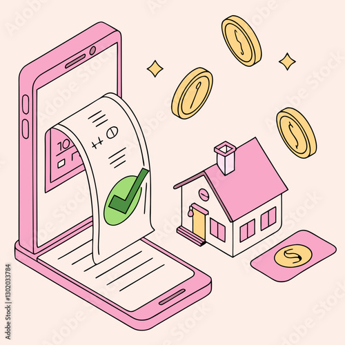 Isometric view of a mobile banking app approving a mortgage application