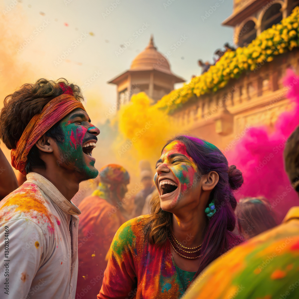 Obraz premium Joyful celebration at vibrant Holi festival with colorful powders, laughter, and lively atmosphere. Friends enjoying festive spirit together