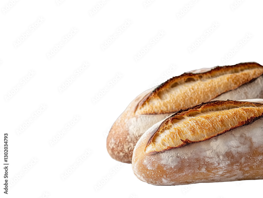 A freshly baked baguette nestled in a paper bag against a pristine white background, highlighting its golden crust and enticing aroma. A freshly baked baguette nestled in a paper bag against a pristine white background, highlighting its golden crust and enticing aroma.