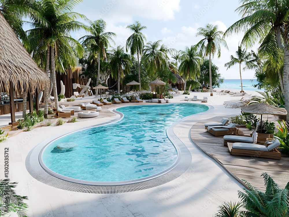 Fototapeta premium Relaxing poolside retreat in tropical paradise luxurious resort serene vibes scenic view