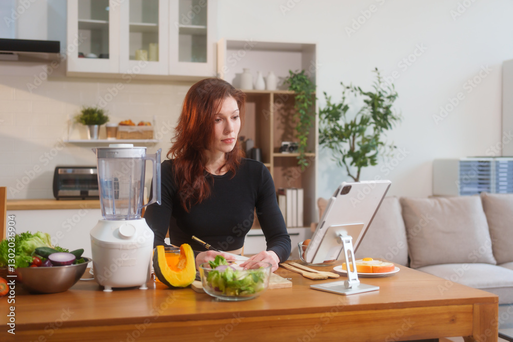 A white woman in workout clothes makes vegetable and fruit juice using a blender on the kitchen table, recommending eating vegetables and fruits online to support healthy, digestion, weight control A white woman in workout clothes makes vegetable and fruit juice using a blender on the kitchen table, recommending eating vegetables and fruits online to support healthy, digestion, weight control