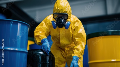 Worker in Protective Suit Handling Hazardous Materials in Storage Area with Colorful Drums