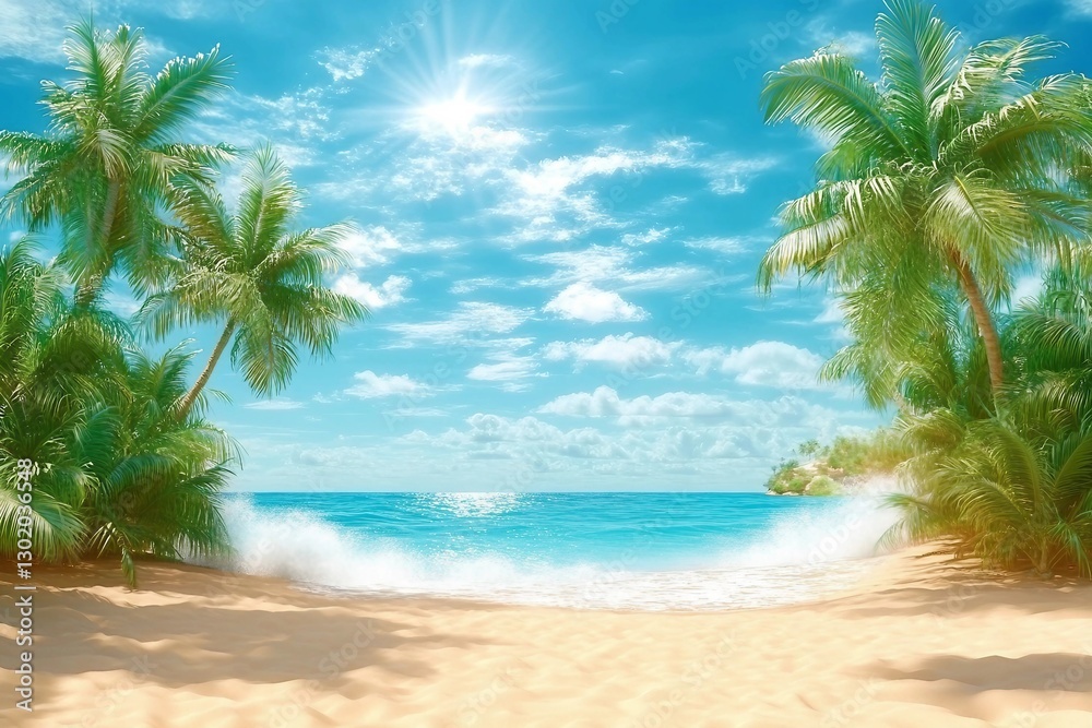 Sunny tropical Caribbean beach with palm trees and turquoise water, caribbean island vacation, hot summer day. 3D render. Sunny tropical Caribbean beach with palm trees and turquoise water, caribbean island vacation, hot summer day. 3D render.
